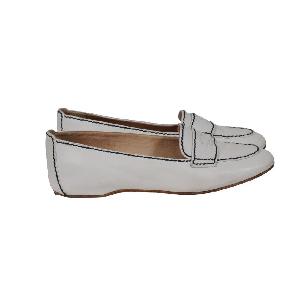 Chanel Womens CC Logo Flats US 7.5 EU 37.5 White Leather Blue Stitching - Picture 8 of 11